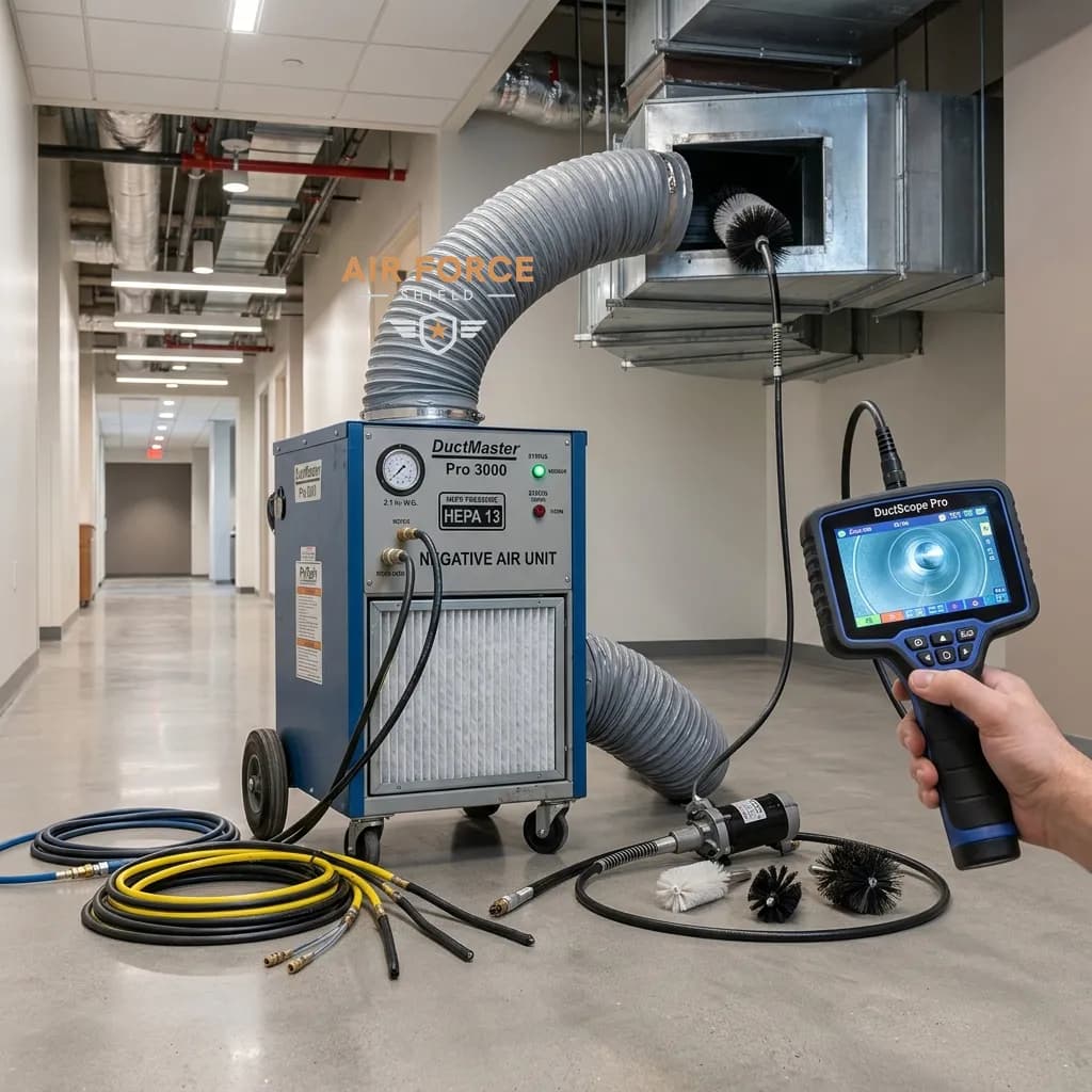 Air Force Shield duct cleaning equipment: vacuum collector, compressed-air hoses and contact brushes laid out before a residential job