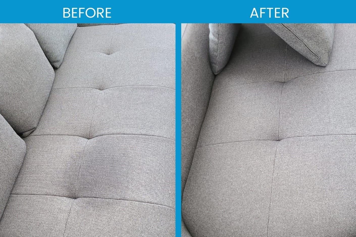 Grey tufted sofa cushion before and after cleaning