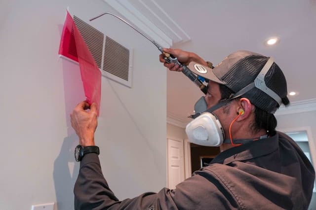Technician in a respirator cleaning a wall vent