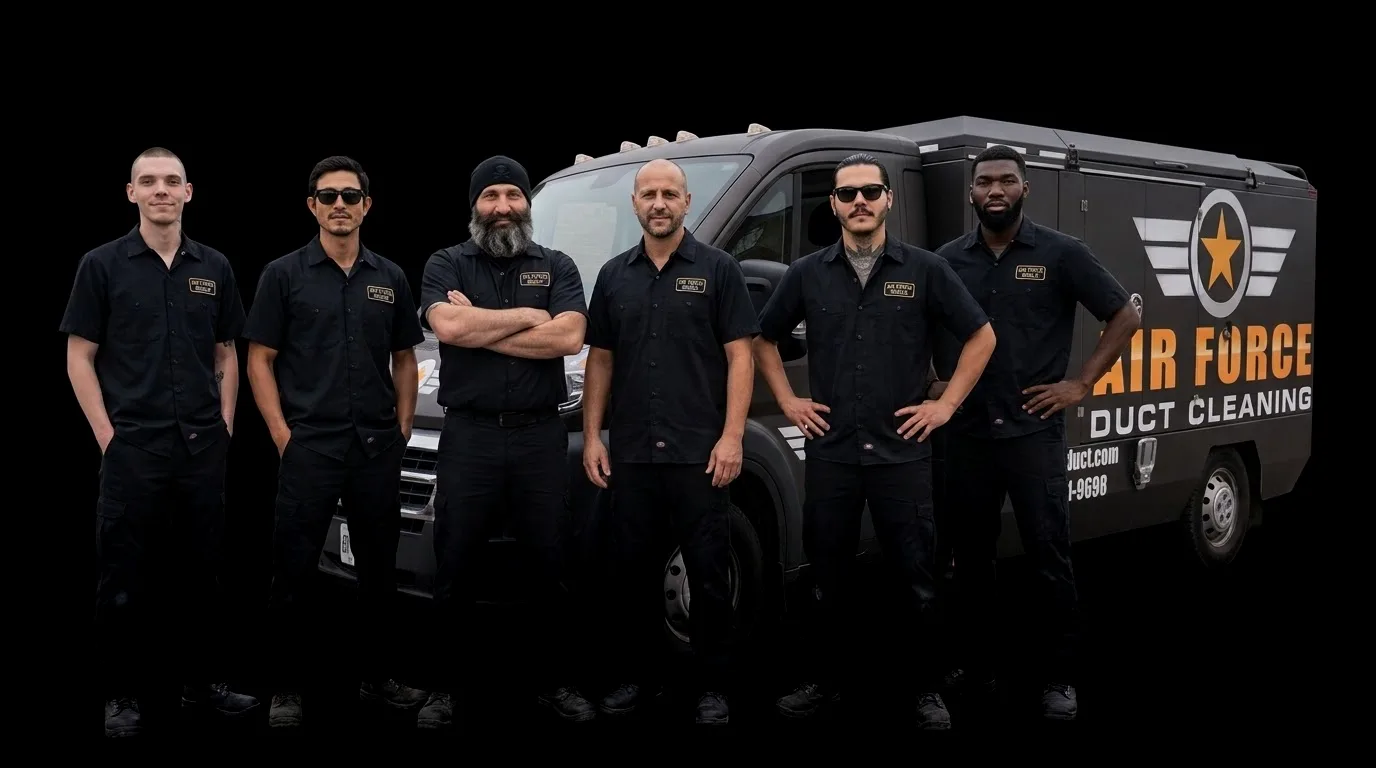 The Air Force Shield crew, six technicians in uniform, beside their duct cleaning truck