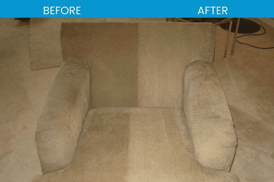 Armchair half cleaned, showing before and after