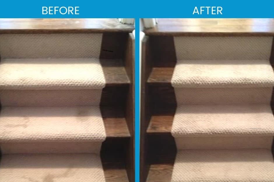 Carpeted stairs before and after cleaning