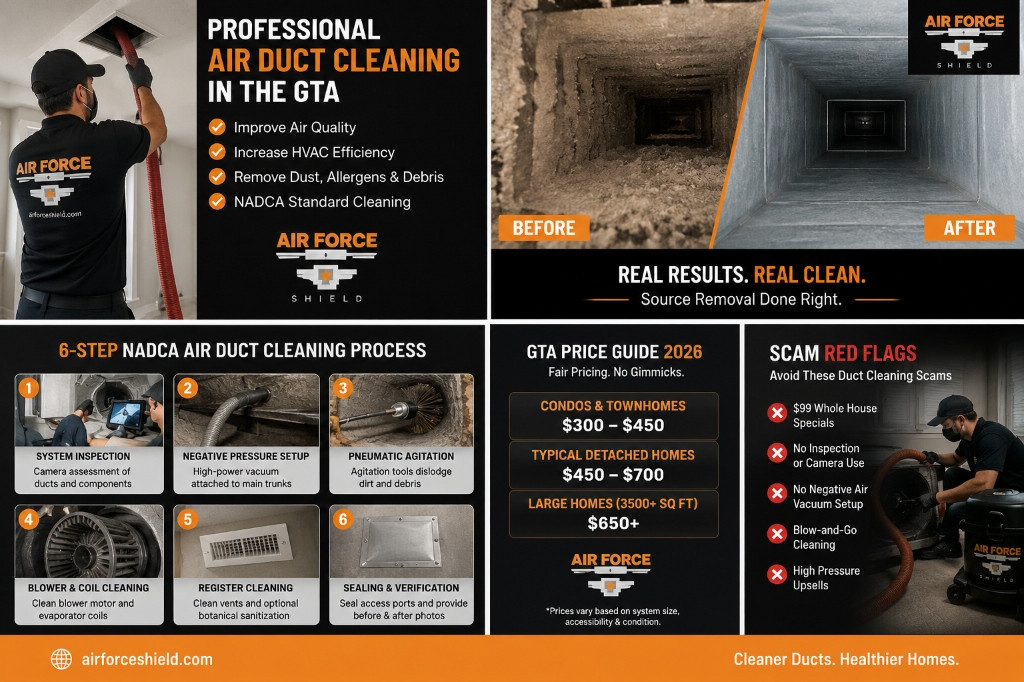 Air Force Shield professional air duct cleaning GTA infographic featuring 6-step NADCA process, 2026 pricing guide, and scam red flags